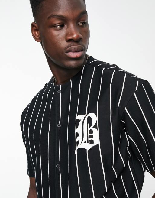 Bershka baseball shirt in black and white stripe