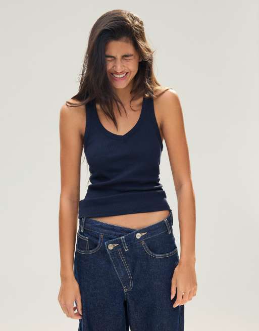 Bershka - Basic geribbeld hemdje in marineblauw, 2 van 6