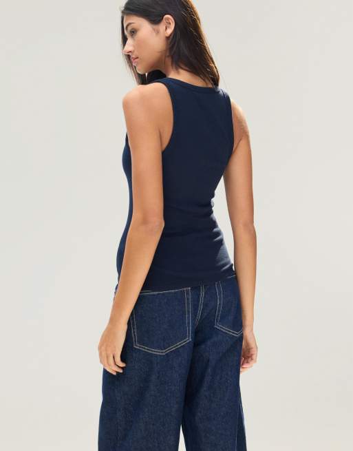 Bershka - Basic geribbeld hemdje in marineblauw, 3 van 6