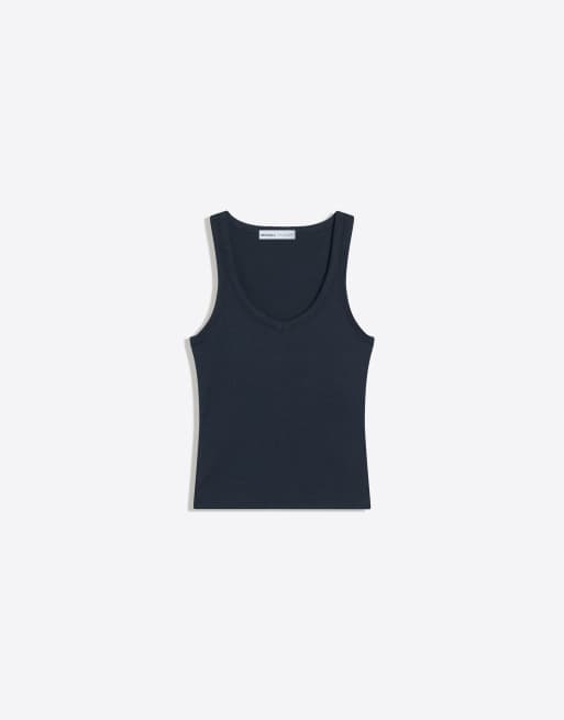 Bershka - Basic geribbeld hemdje in marineblauw, 5 van 6