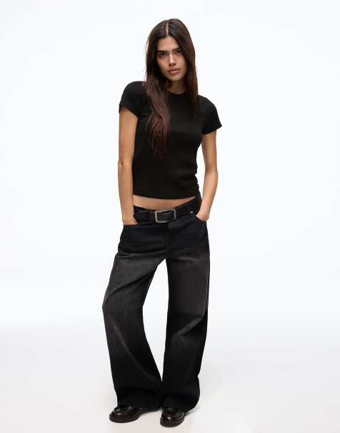 Bershka Basic rib short sleeve t-shirt in black - view 1