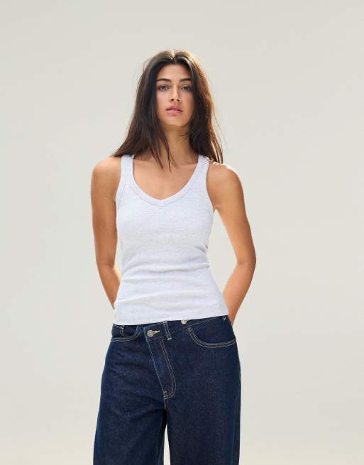 Bershka Basic rib vest top in light grey, 4 of 6