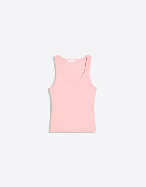 Bershka Basic rib vest top in pink, 5 of 6