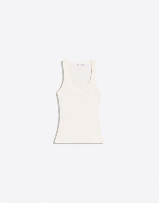 Bershka Basic rib vest top in white, 5 of 6