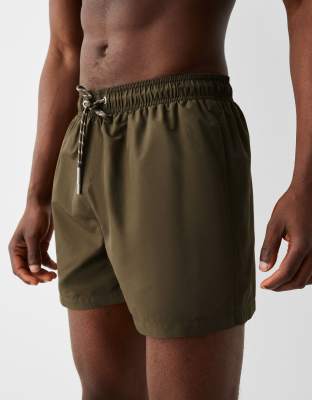 Bershka Basic Swim Shorts In Khaki-green