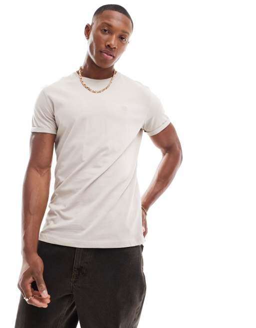 Bershka – Basic-T-Shirt in Steinbeige mit Rollärmeln