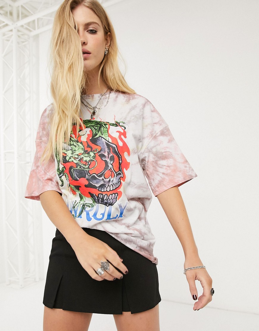 Bershka – Batikmönstrad t-shirt med drakmönster-Grå