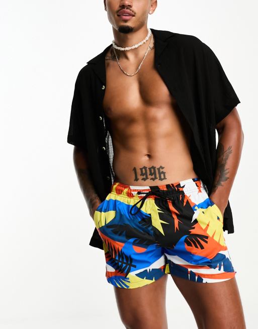 Bershka beach palm print multicolour swimshorts in orange