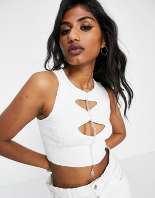 Bershka beaded detail cut out top in white