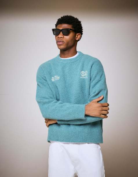 Bershka – Bedruckter Pullover in Blau mit Rundhalsausschnitt - view 1