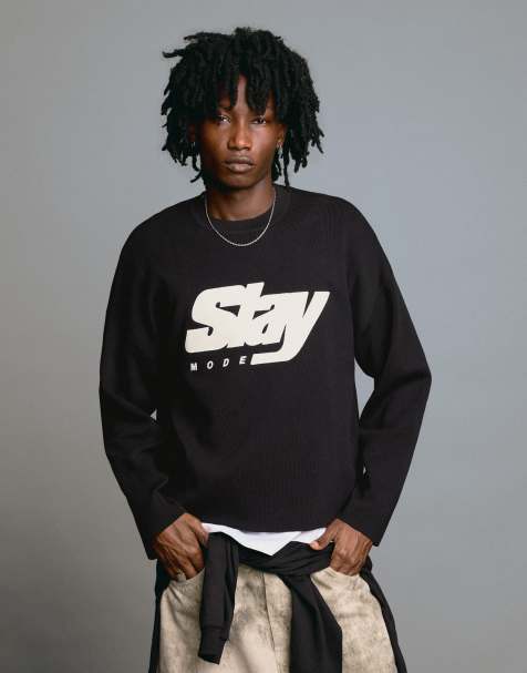 Bershka – Bedruckter Pullover in Schwarz mit Rundhalsausschnitt - view 1