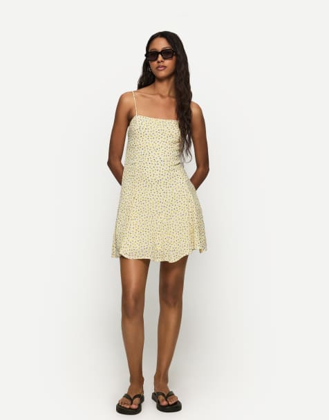 Bershka – Bedrucktes Minikleid in Gelb aus Waffelstrick - view 1