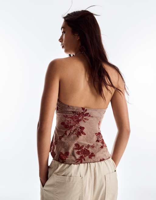 Bershka bedrucktes Neckholder-Top in Braun, 3 von 5
