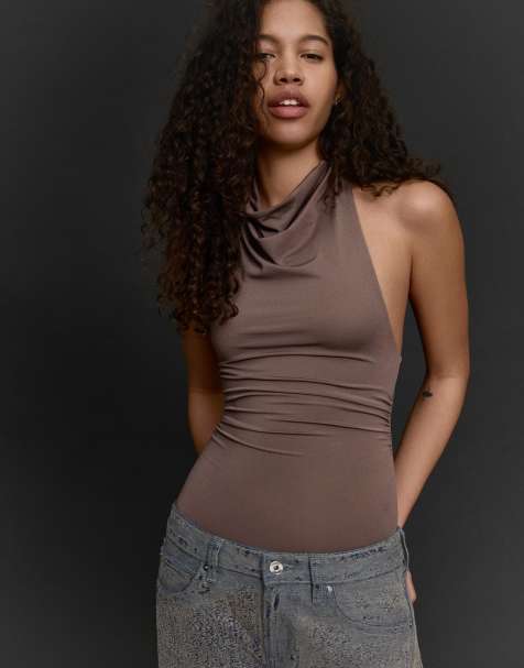 Bershka – Beige body med halterneck och rysch - view 1