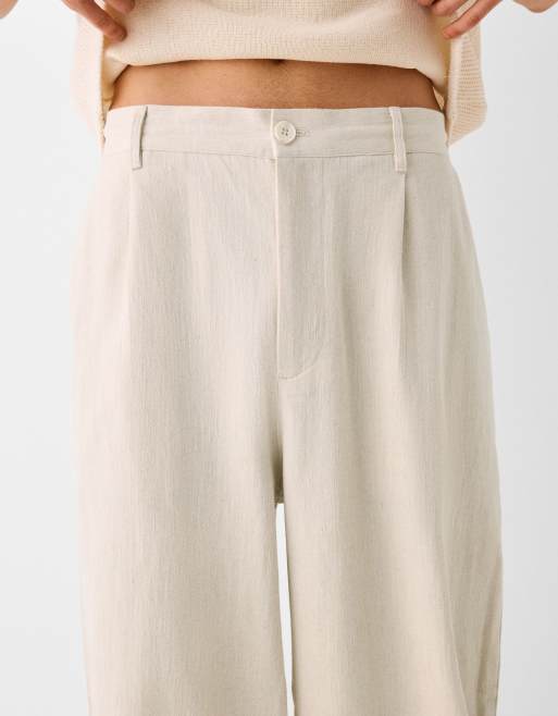 Bershka – Beige, figursydda linnebyxor med vida ben, 3 av 5