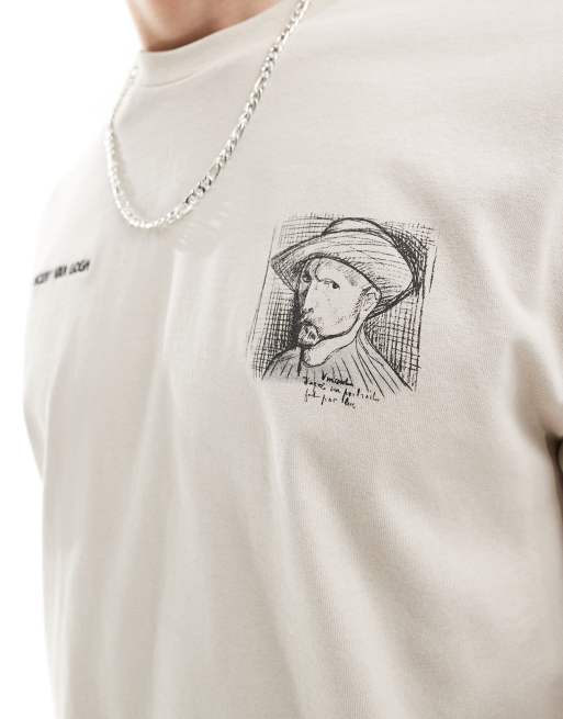 Bershka - Beige firkantet T-shirts med Van Gogh-print, 3 af 4