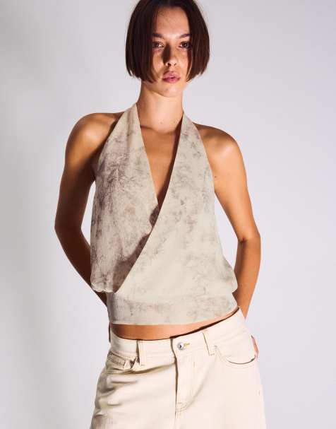 Bershka - Beige halterneck-overdel med krydsdesign - view 1