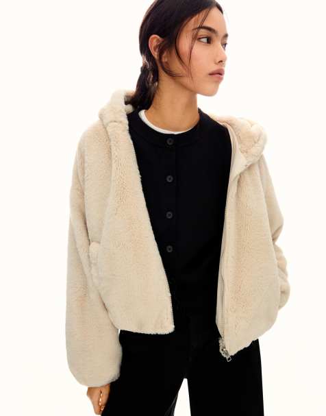 Bershka - Beige jakke i imiteret pels med hætte - view 1