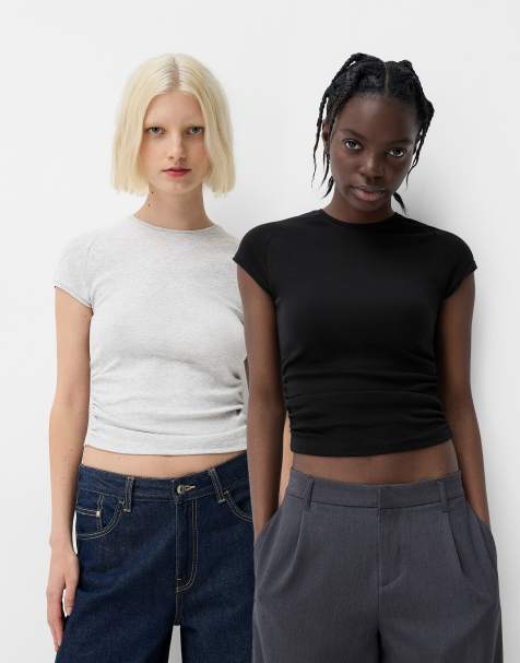Bershka – Beige, kortärmad t-shirt med indragning, 2-pack - view 1