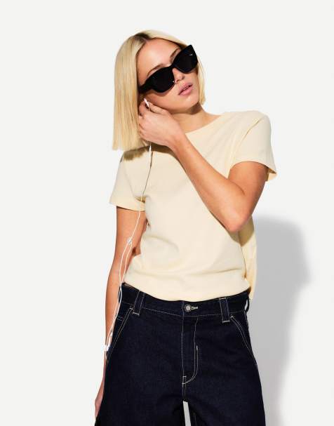 Bershka – Beige, kraftig t-shirt i bomull med korta ärmar - view 1