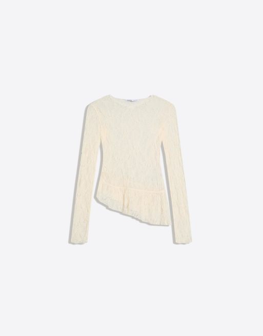 Bershka - Beige langærmet T-shirt i blondestof med flæser, 4 af 4