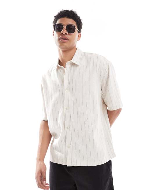 Bershka – Beige, randig skjorta i linnetyg