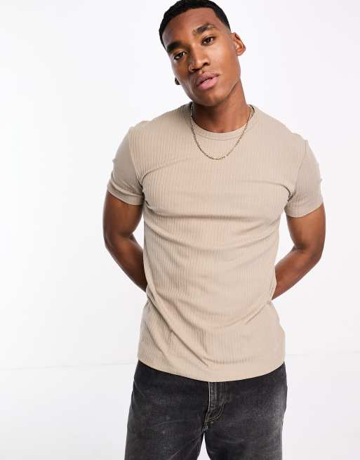 Bershka – Beige, ribbad t-shirt i muscle fit