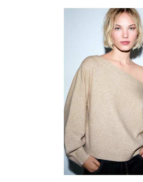 Bershka - Beige ribstrikket sweater med Bardot-hals - view 1