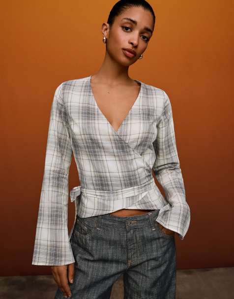Bershka - Beige slå om-bluse med tern - view 1