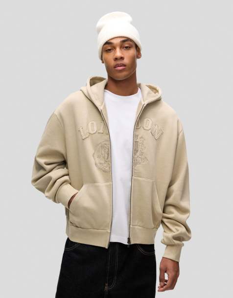 Bershka – Beige sweatshirt med boxig passform, broderi och dragkedja - view 1