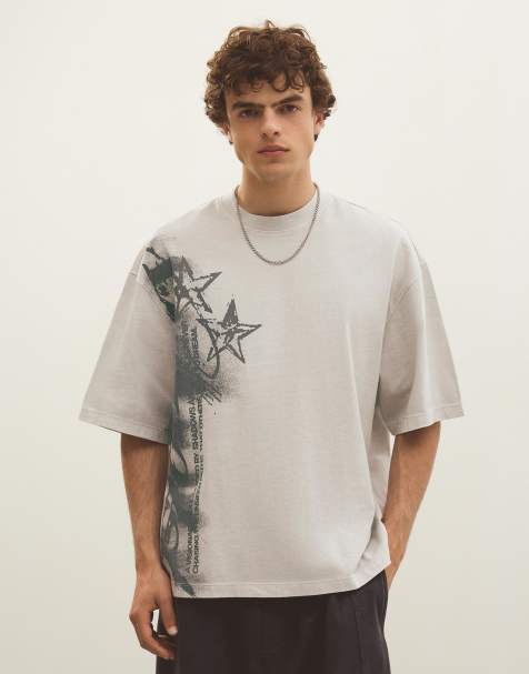 Bershka – Beige t-shirt med boxig passform och tryck - view 1