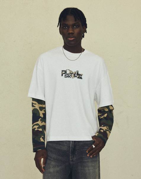 Bershka – Beige t-shirt med dubbla ärmar och tryck - view 1