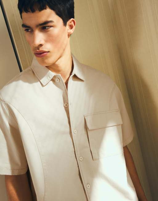 Bershka - Beige T-shirt med korte ærmer i firkantet pasform, 2 af 4