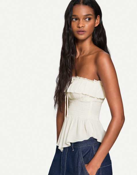 Bershka - Beige tekstureret bandeau-top med flæser - view 1