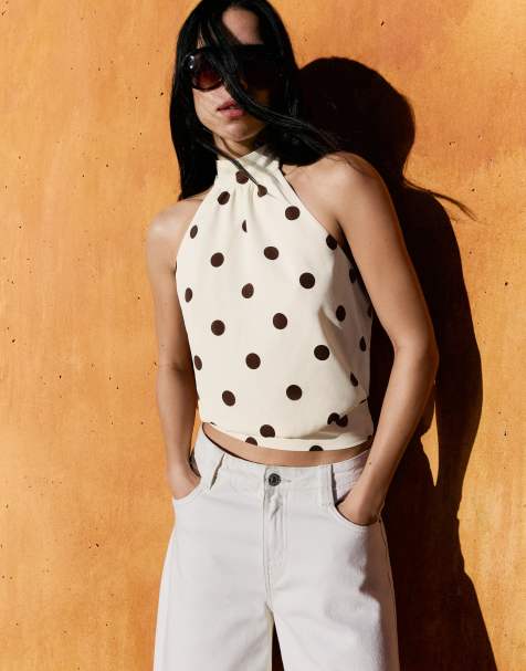 Bershka - Beige top med halterneck og polkaprikker - view 1