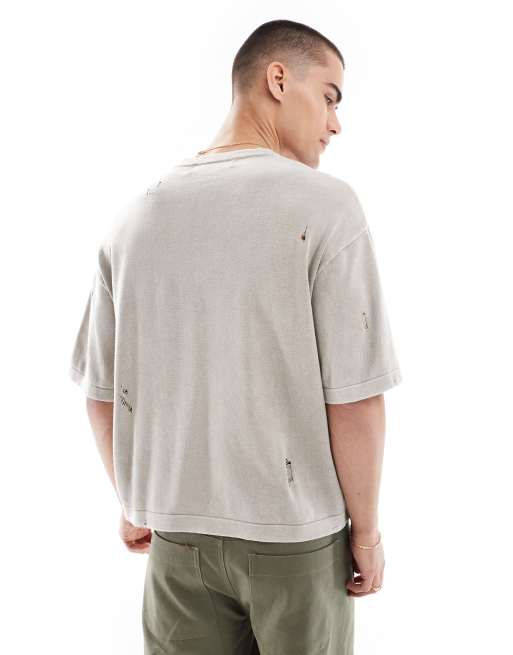Bershka – Beige, tvättad, stickad t-shirt, 3 av 4