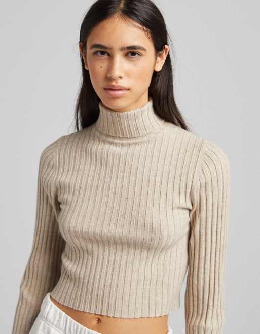 Bershka – Beigemelerad, ribbstickad tröja med polokrage