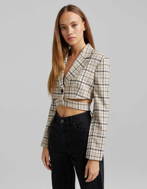 Bershka – Beigerutig kavaj i kort design, del av set