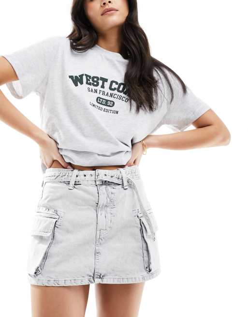 Bershka belted cargo mini skirt in washed light gray