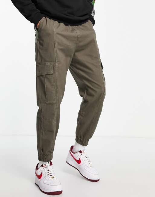 Bershka cargo trousers in khaki with belt