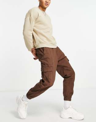 Bershka Belted Cargo Trousers In Brown Asos