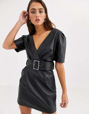 black leather belted dress