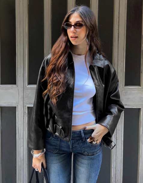 Bershka Belted faux leather jacket in black
