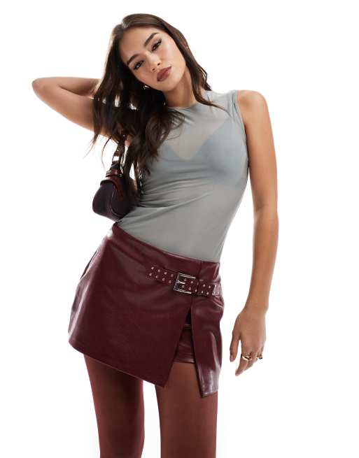 Bershka belted faux leather mini skirt in burgundy