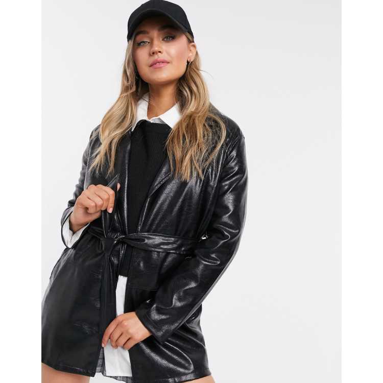 Bershka belted faux leather vinyl shacket in black ASOS