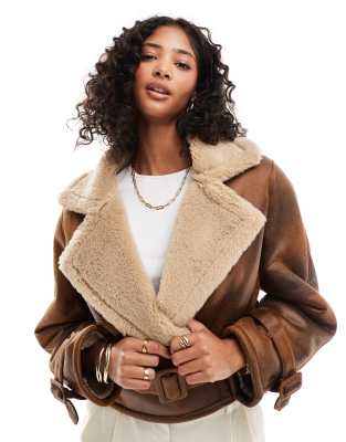 Bershka belted faux suede and shearling jacket in brown