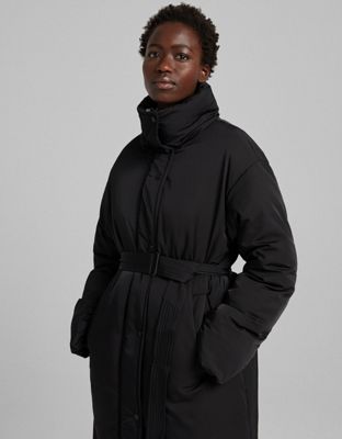 Bershka belted nylon padded coat in black - ASOS Price Checker