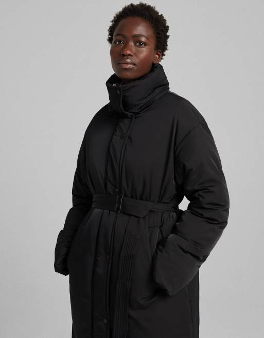 Bershka belted nylon padded coat in black | ASOS