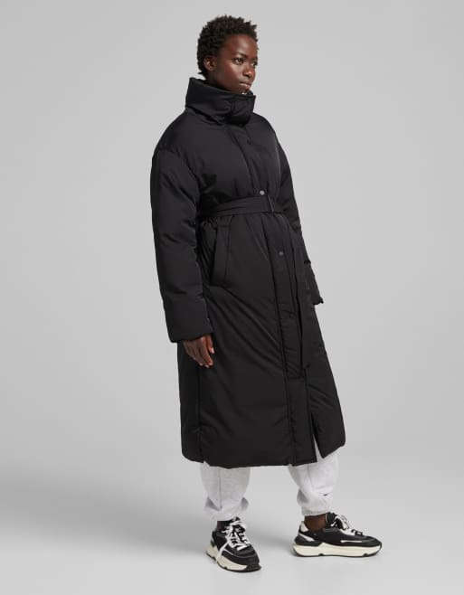 Bershka belted padded puffer jacket with hood in online black