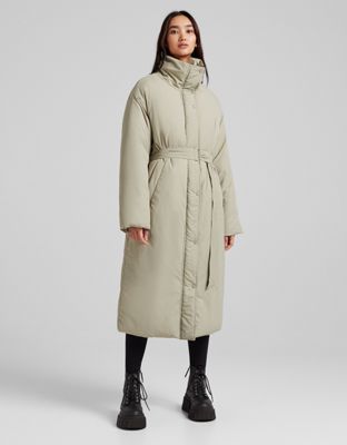 Bershka belted nylon padded coat in khaki | ASOS